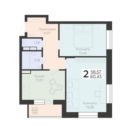 Продажа 2-комнатной квартиры 60,4 м², 1/18 этаж