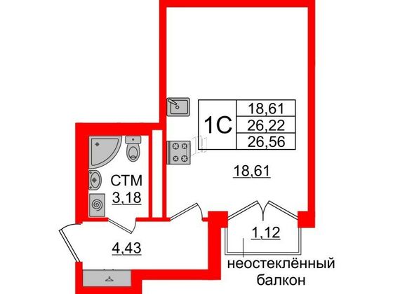 Продажа квартиры-студии 26,2 м², 3/4 этаж