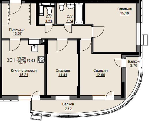 Продажа 3-комнатной квартиры 75,6 м², 7/17 этаж