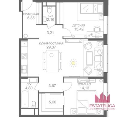 Продажа 3-комнатной квартиры 84,1 м², 41/51 этаж