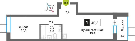 Продажа 1-комнатной квартиры 40,8 м², 2/6 этаж