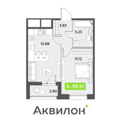 39,5 м², 1-комн. квартира, 1/12 этаж