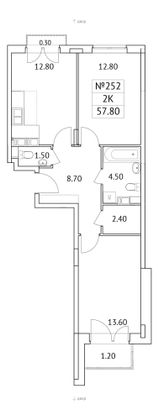 57,8 м², 2-комн. квартира, 9/11 этаж