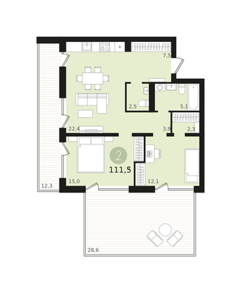 111,4 м², 2-комн. квартира, 2/16 этаж