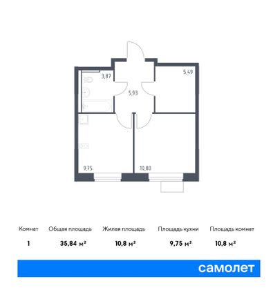 35,8 м², 1-комн. квартира, 4/16 этаж