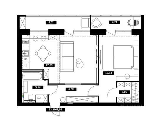 Продажа 2-комнатной квартиры 52,3 м², 5/9 этаж
