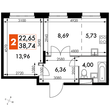 38,7 м², 2-комн. квартира, 13/15 этаж