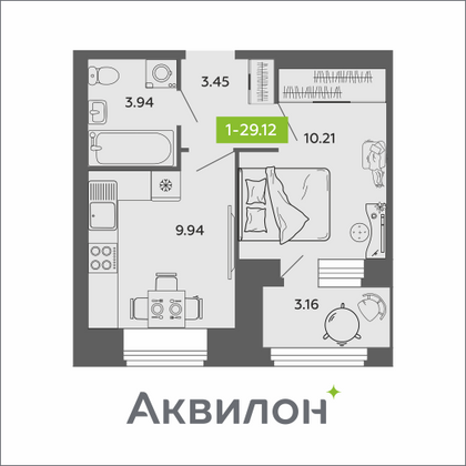 29,1 м², 1-комн. квартира, 7/11 этаж