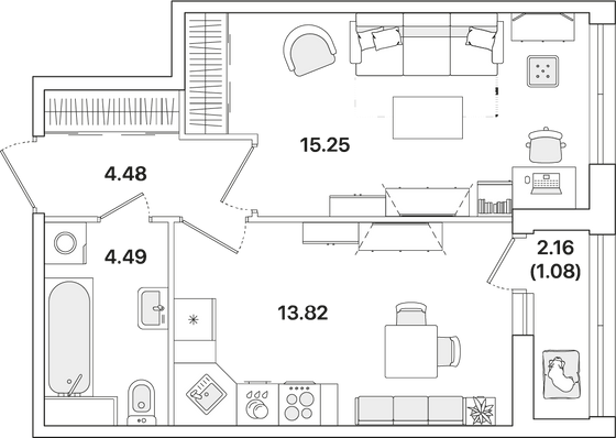 39,1 м², 1-комн. квартира, 1/12 этаж