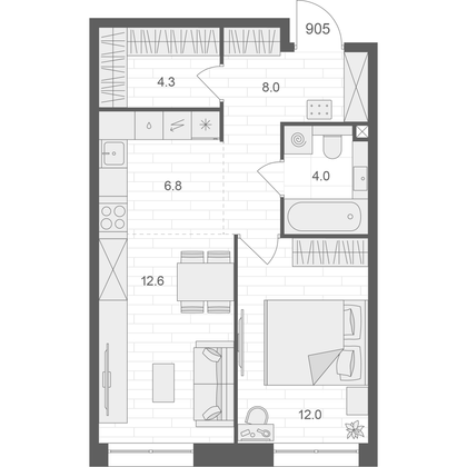 47,7 м², 1-комн. квартира, 9/12 этаж