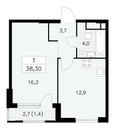 38,3 м², своб. планировка, 6/30 этаж