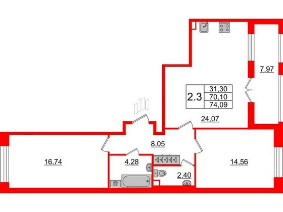 Продажа 2-комнатной квартиры 70,1 м², 2/12 этаж