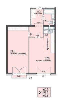 59,5 м², 2-комн. квартира, 8/18 этаж