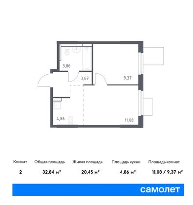 32,8 м², 1-комн. квартира, 14/15 этаж