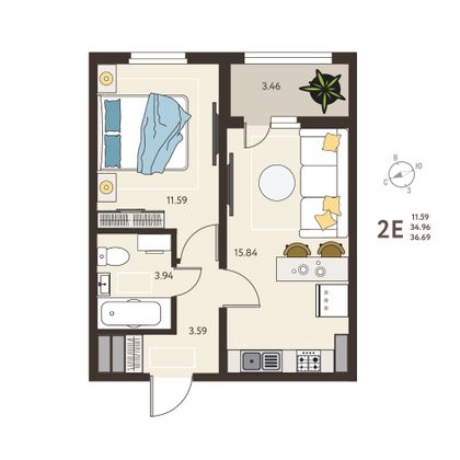 36,7 м², 1-комн. квартира, 2/18 этаж