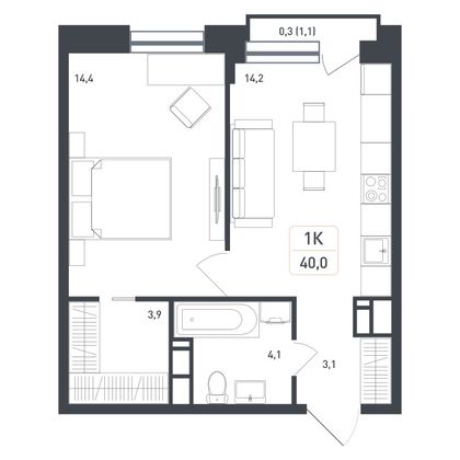 40 м², 1-комн. квартира, 5/8 этаж