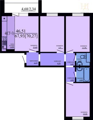 Продажа 3-комнатной квартиры 70,3 м², 6/10 этаж