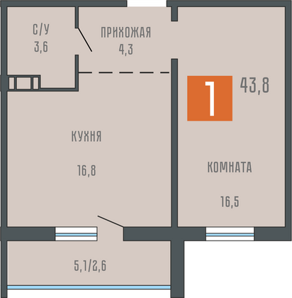 43,8 м², 1-комн. квартира, 1/10 этаж