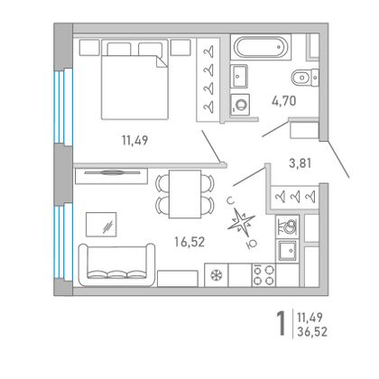 36,5 м², 1-комн. квартира, 2/10 этаж