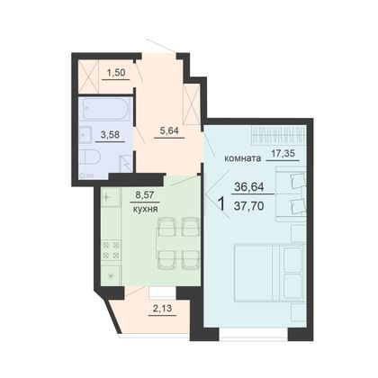 Продажа 1-комнатной квартиры 37,7 м², 7/20 этаж