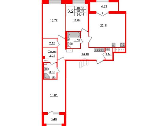 Продажа 3-комнатной квартиры 90,3 м², 4/12 этаж