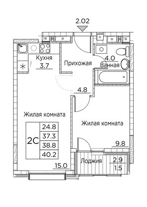 40,2 м², 2-комн. квартира, 4/21 этаж