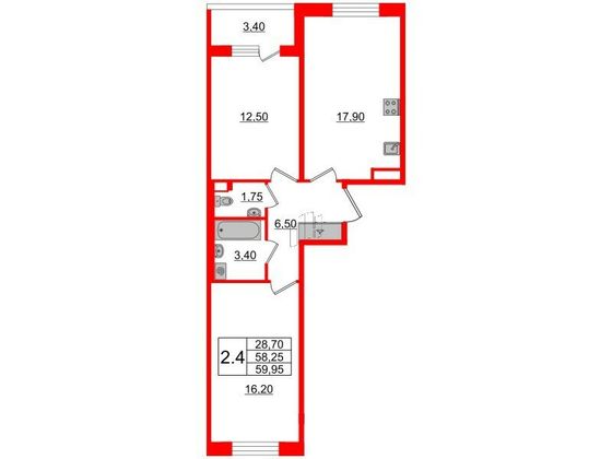 Продажа 2-комнатной квартиры 58,3 м², 3/4 этаж