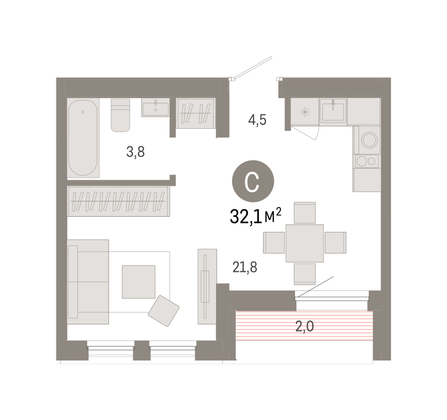 Продажа квартиры-студии 32,1 м², 9/9 этаж