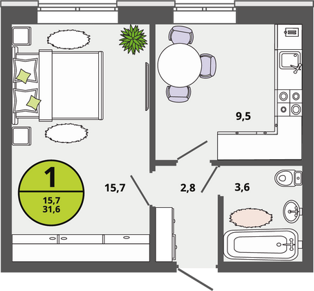 31,6 м², 1-комн. квартира, 1/3 этаж