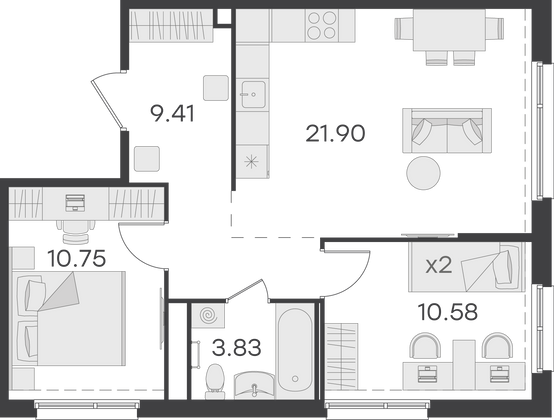 56,5 м², 2-комн. квартира, 1/15 этаж