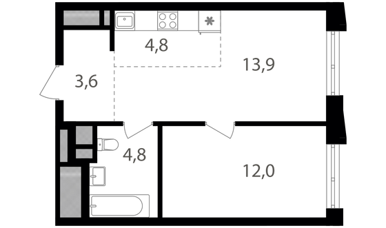 39,1 м², 1-комн. квартира, 22/26 этаж