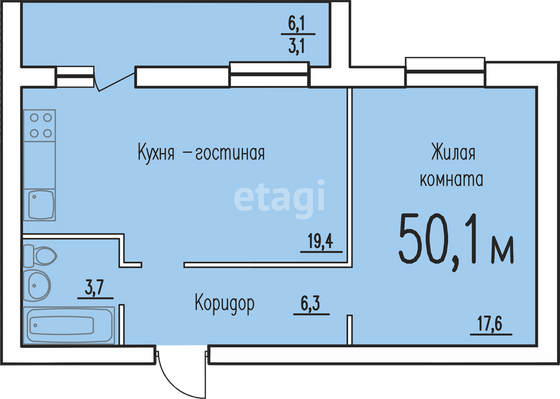 Продажа 1-комнатной квартиры 50,1 м², 3/3 этаж