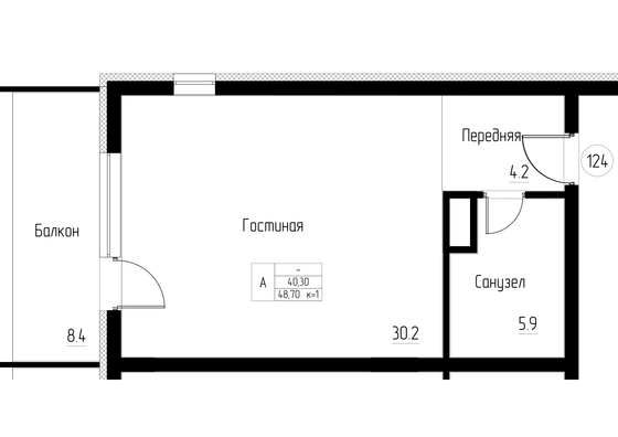 48,7 м², 1-комн. квартира, 2/5 этаж