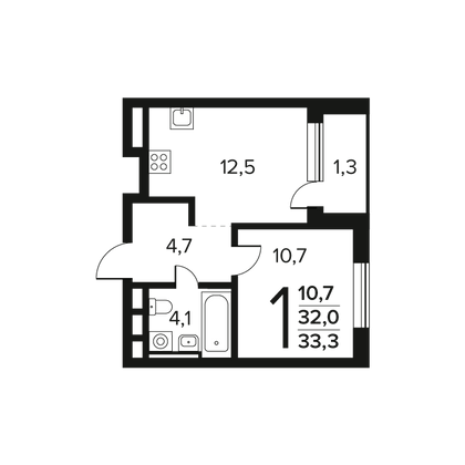 Продажа 1-комнатной квартиры 33,3 м², 6/9 этаж