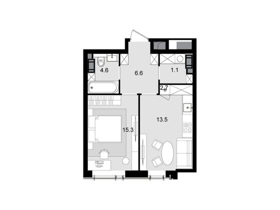 Продажа 1-комнатной квартиры 43,8 м², 39/47 этаж
