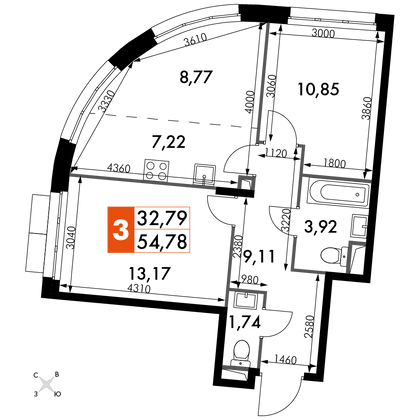 54,8 м², 3-комн. квартира, 1/15 этаж