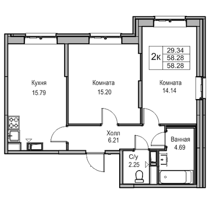 Продажа 2-комнатной квартиры 58,3 м², 5/21 этаж