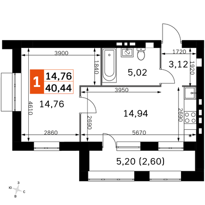 40,4 м², 1-комн. квартира, 2/4 этаж