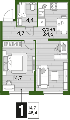 Продажа 1-комнатной квартиры 48,4 м², 2/19 этаж