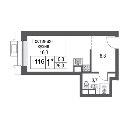 Продажа квартиры-студии 26,4 м², 6/53 этаж