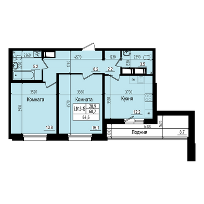 64,6 м², 2-комн. квартира, 19/23 этаж