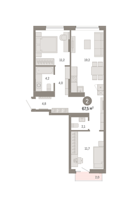 67,5 м², 2-комн. квартира, 6/9 этаж