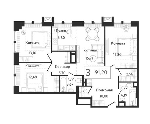 91,2 м², 3-комн. квартира, 2/24 этаж