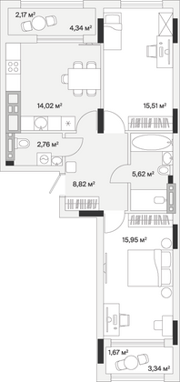 66,5 м², 2-комн. квартира, 1/7 этаж