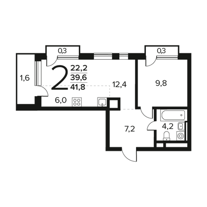 41,9 м², 2-комн. квартира, 10/12 этаж