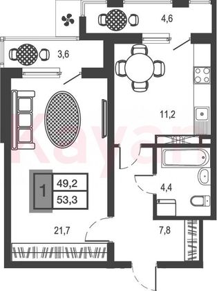 Продажа 1-комнатной квартиры 45,1 м², 21/23 этаж