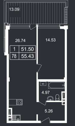 Продажа 1-комнатной квартиры 55,4 м², 5/8 этаж
