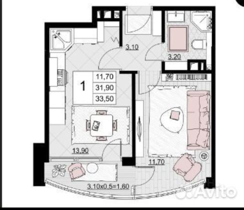 Продажа 1-комнатной квартиры 33,5 м², 4/20 этаж