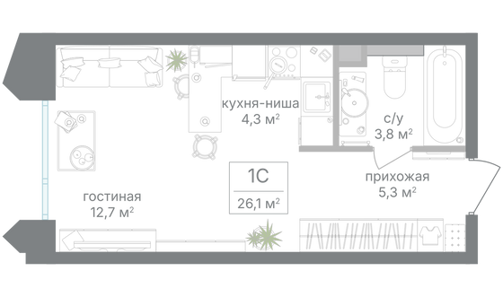 Продажа квартиры-студии 26,1 м², 16/19 этаж