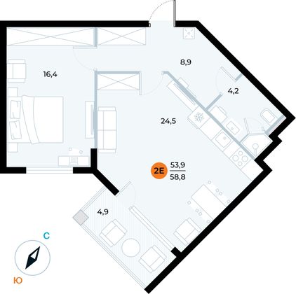 58,8 м², 1-комн. квартира, 2/6 этаж